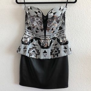 Bebe strapless mini sequin & leather dress